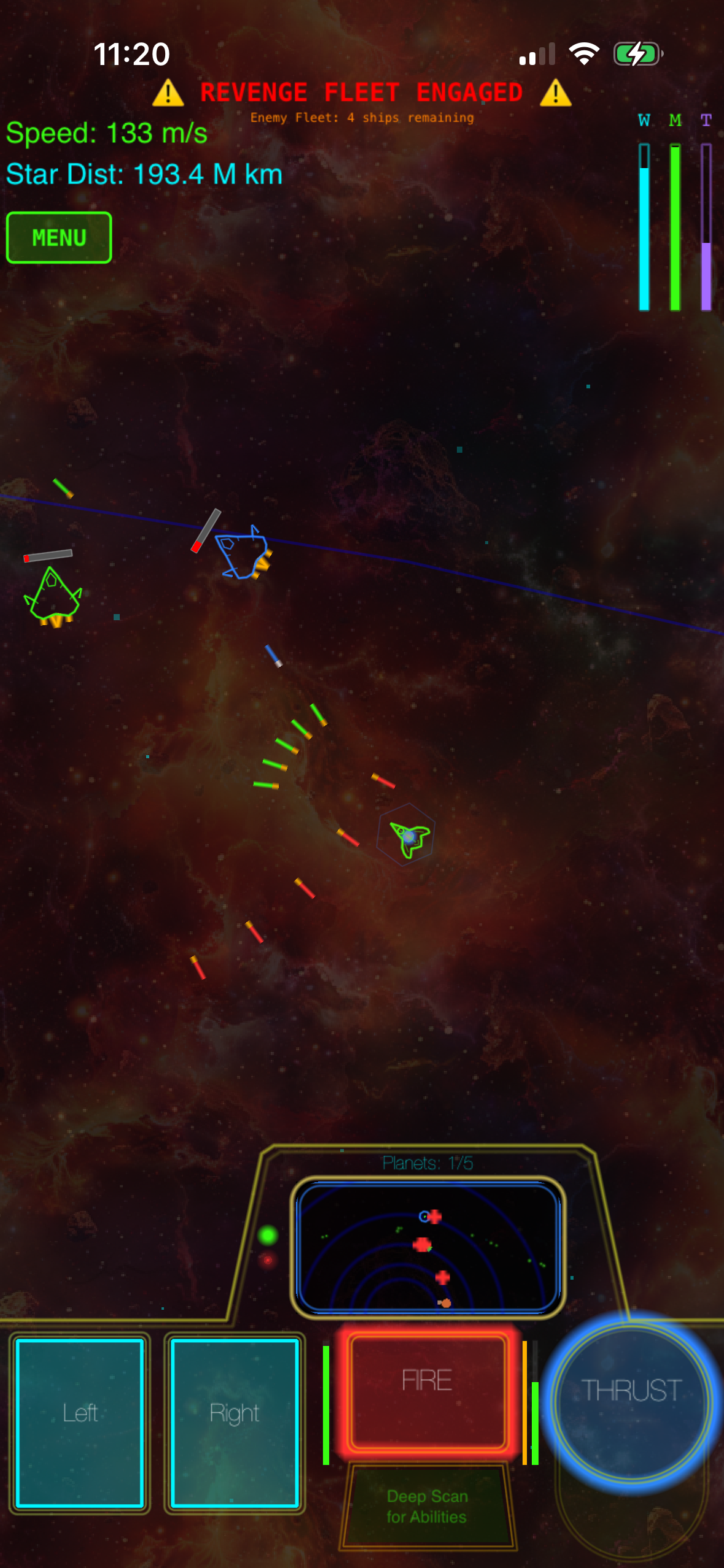 A space combat HUD displays an active fleet engagement with neon-outlined ships, incoming fire trajectories, and control panels for thrust, fire, and directional commands.