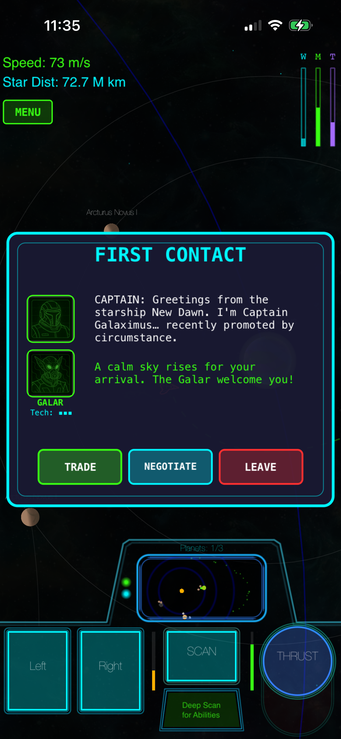 A space exploration game interface showing a first contact dialogue with an alien captain, featuring neon cyan and green UI elements, orbital mechanics, and action buttons for trading, negotiating, or leaving.