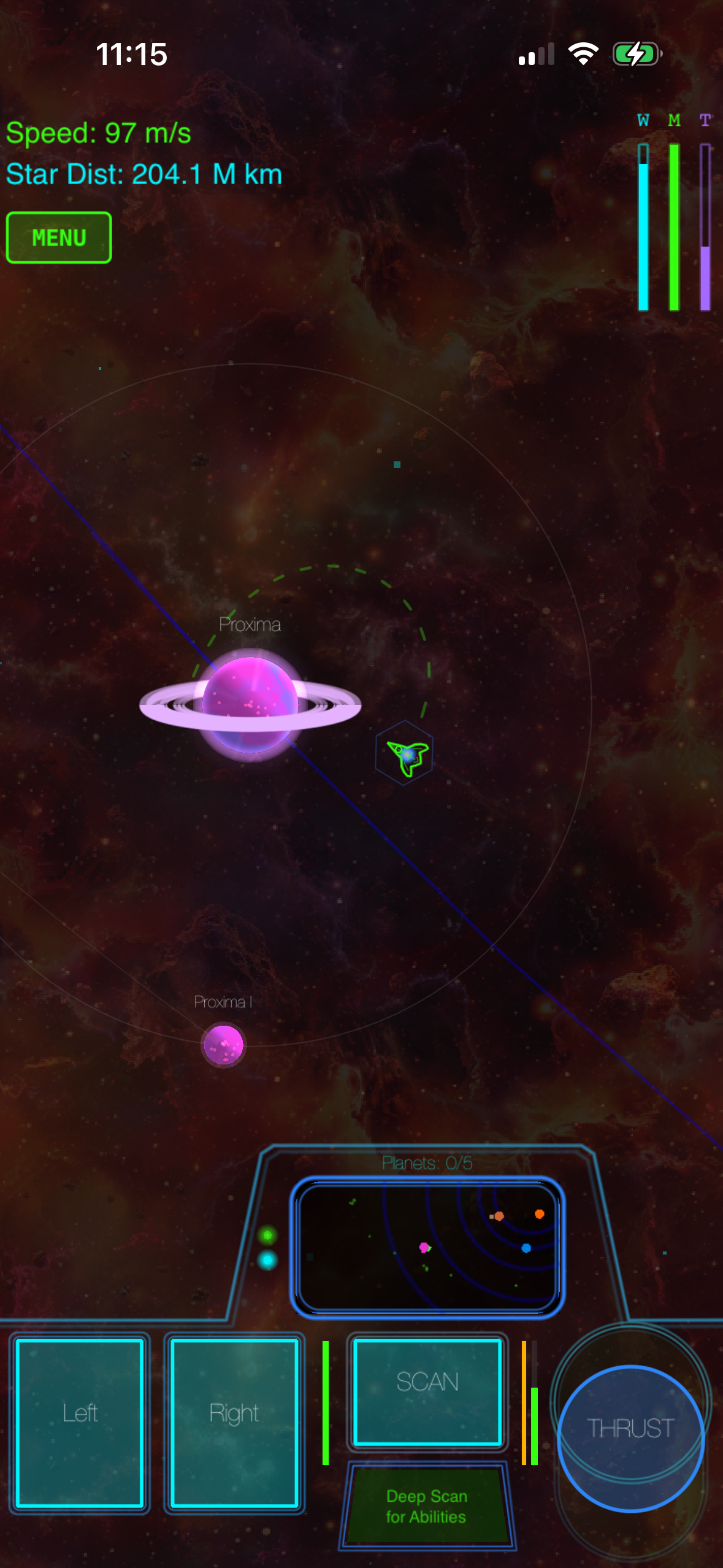 A space exploration game interface showing a pink ringed planet labeled 'Proxima' with scanning controls, speed/distance readouts, and a minimap at the bottom displaying nearby celestial bodies.