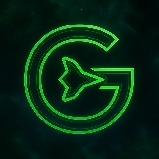 A glowing green neon letter G with a stylized rocket or arrow shape integrated into its design.