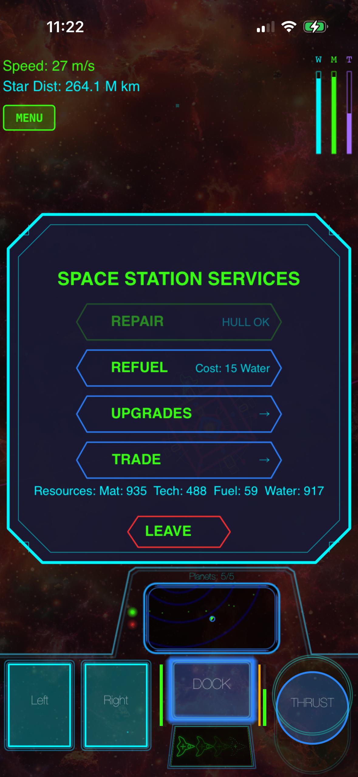 A space station services menu displays repair, refuel, upgrades, and trade options with neon green and cyan UI elements, showing current resources and ship status at the top.
