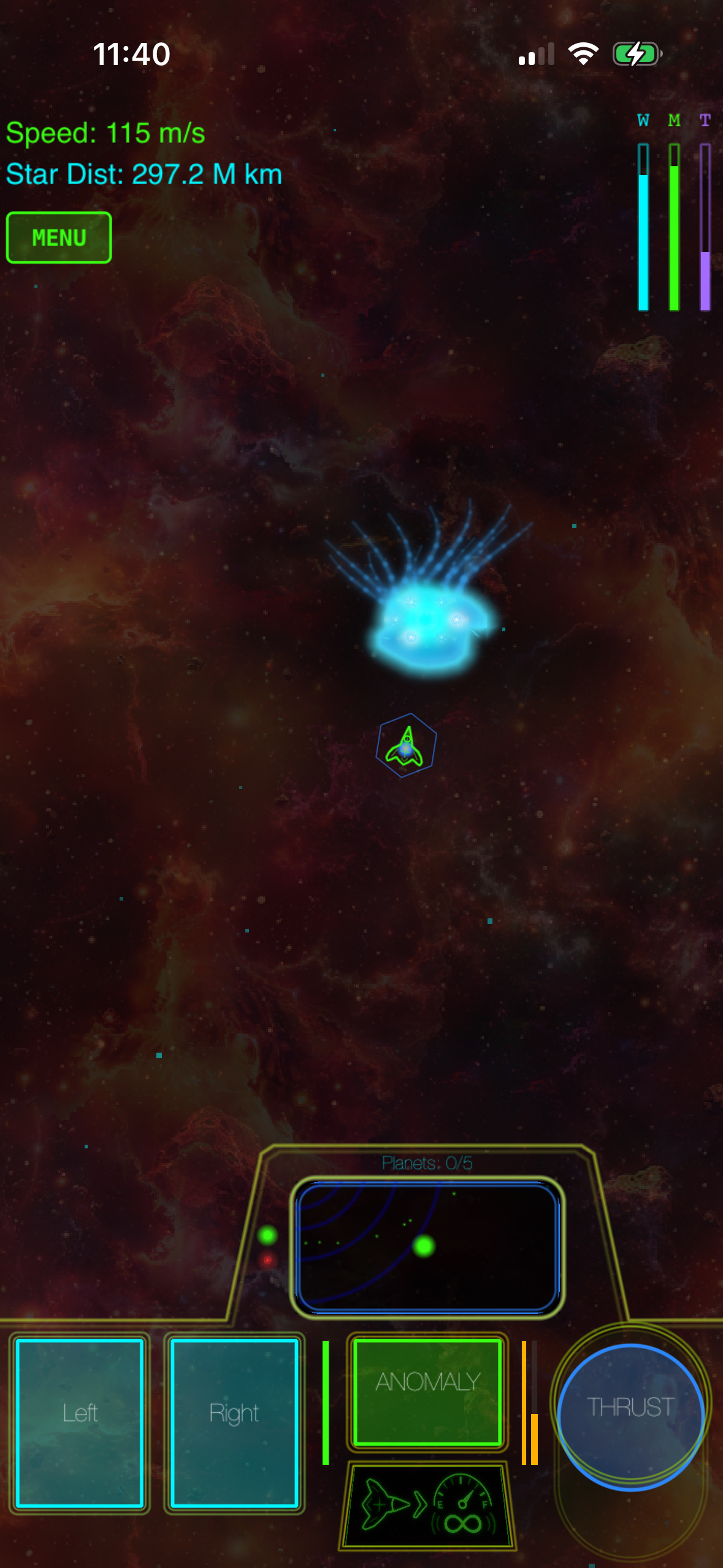 A space exploration game interface showing a glowing alien creature in a nebula, with speed/distance metrics, a minimap, and neon-colored control buttons for movement and thrust.